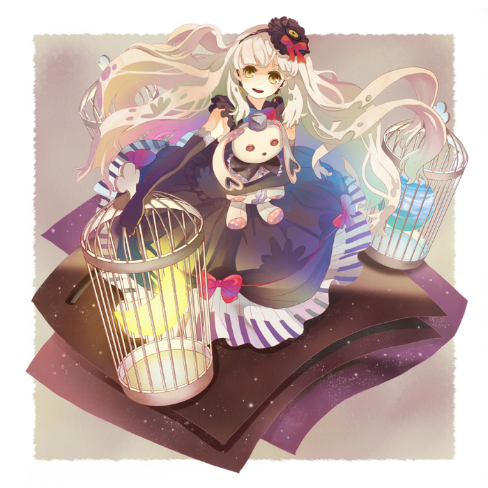 cage, doll, dress, elbow_gloves, gloves, mayu_(vocaloid), mikabu, vocaloid