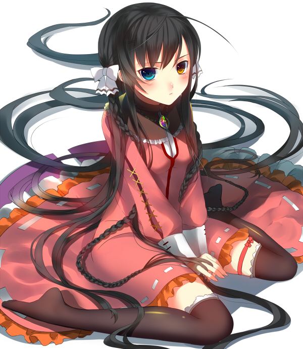 antenna_hair, black_hair, black_legwear, blue_eyes, blush, bow, braid, brown_eyes