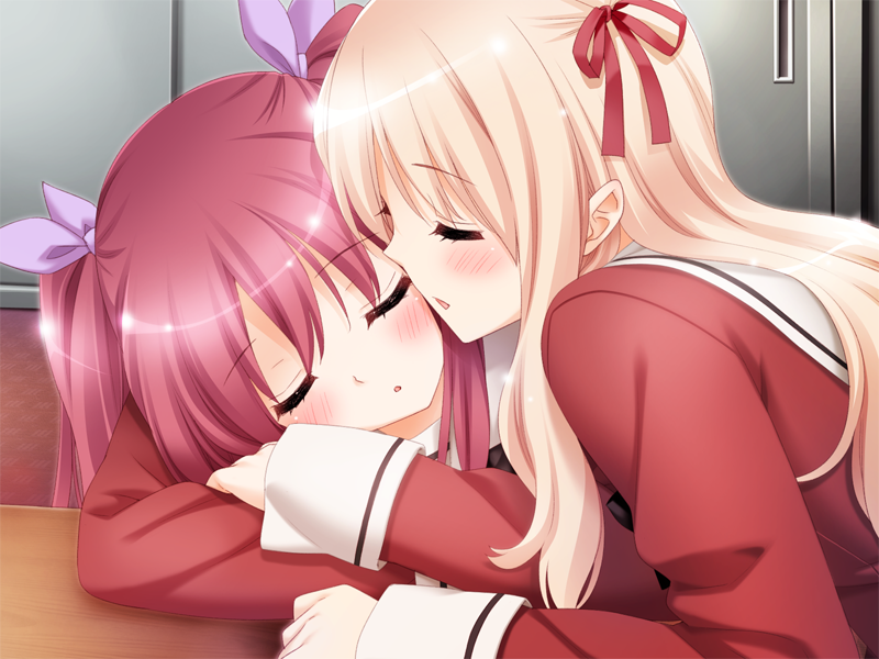 :o, blonde_hair, closed_eyes, crossed_arms, eyes_closed, game_cg, hair_ribbon, matsubara_yuuna