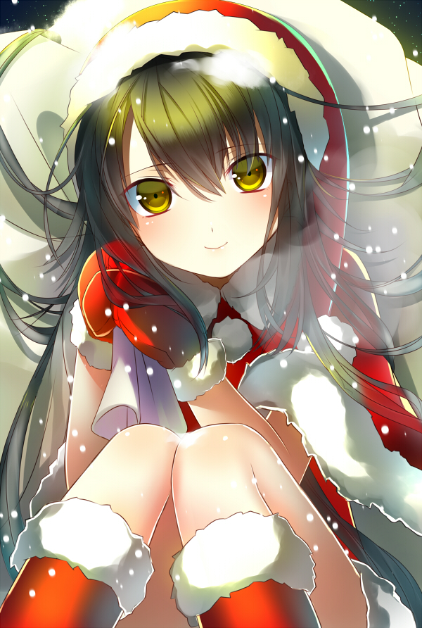 black_hair, blush, boots, christmas, gloves, hat, holding, io_(seiga30025665)