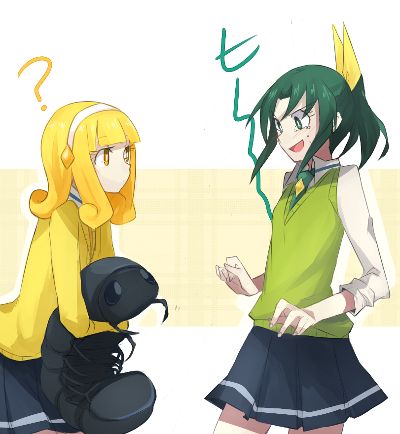blonde_hair, green_eyes, green_hair, hairband, insect, kise_yayoi, midorikawa_nao, multiple_girls
