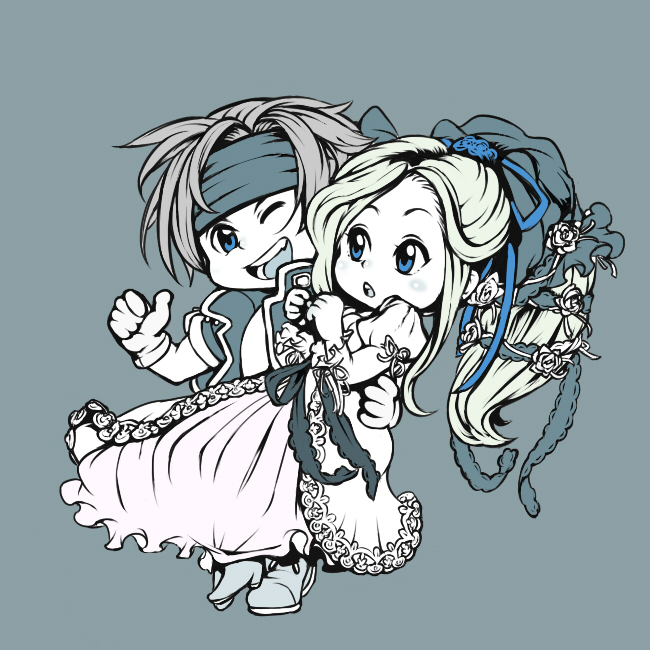 1girl, alternate_costume, azito7, blonde_hair, blue_eyes, boots, bow, carrying, celes_chere, chibi, couple, dress, final_fantasy, final_fantasy_vi, flower, frills, gloves, grey_hair, hair_bow, hair_flower, hair_ornament, hairband, high_heels, jacket, lock_cole, open_mouth, ribbon, rose, shoes, simple_background, smile, thumbs_up, veil, wedding_dress, wink