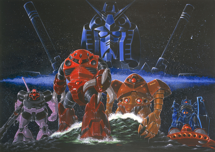 80s, absurdres, bazooka, claws, dodai_ys, dom, epic, galaxy, gogg, gouf, gundam, highres, mecha, mobile_suit, mobile_suit_gundam, movie_poster, no_humans, ocean, official_art, oldschool, ookawara_kunio, poster, realistic, rx-78-2, science_fiction, space, space_craft, star_(sky), traditional_media, waves, weapon, z'gok, z'gok_char_custom, z'gok, z'gok_char_custom