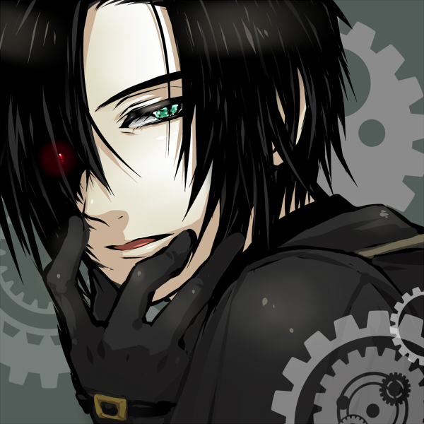 ame-ame, black_hair, gears, gloves, green_eyes, grey_background, heterochromia, male, red_eyes, solo, tales_of_(series), tales_of_xillia, tales_of_xillia_2, victor_(tales_of_xillia_2)