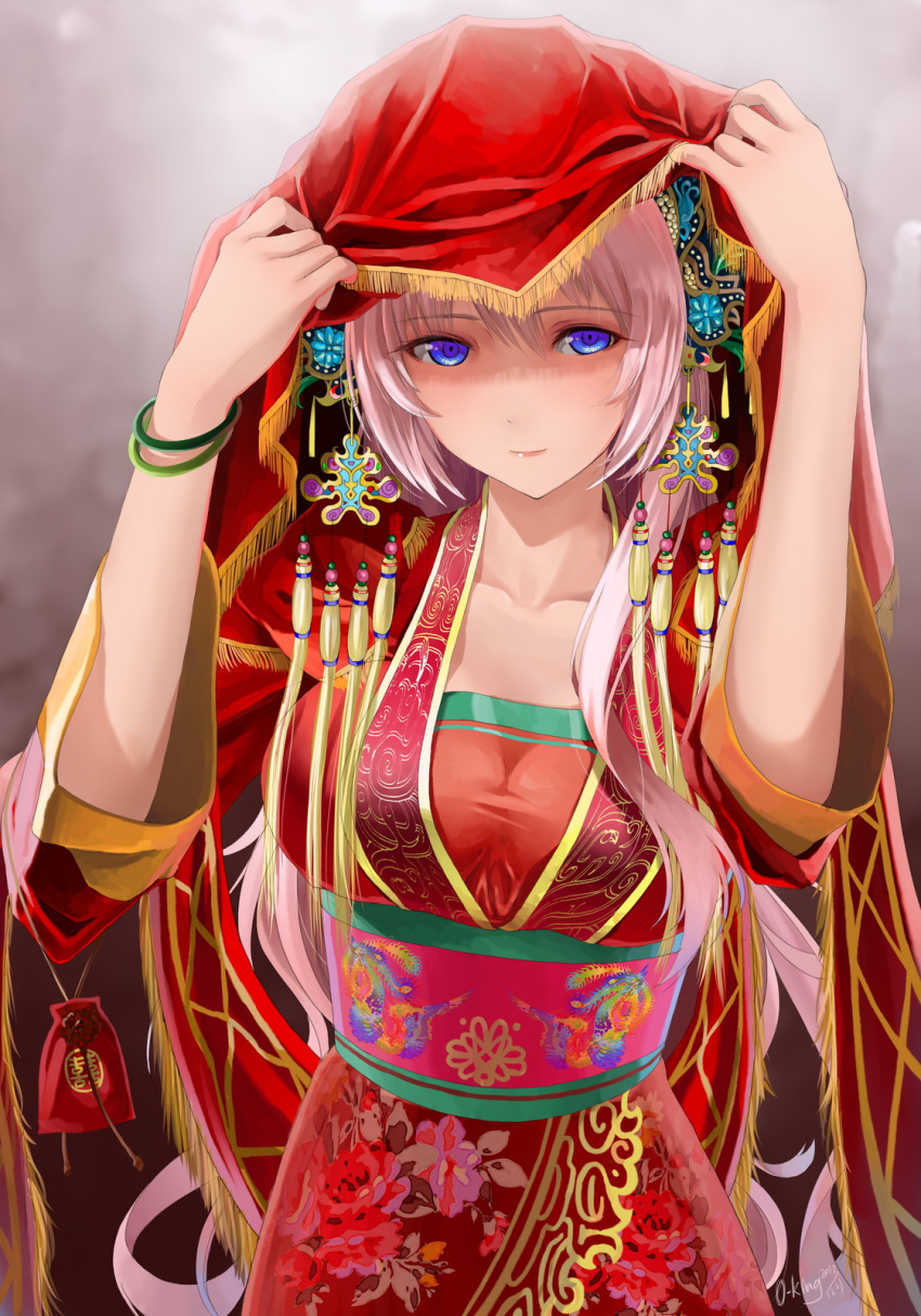 artist_name, blue_eyes, collarbone, dated, embellished_costume, highres, japanese_clothes, long_hair, looking_at_viewer, megurine_luka, okingjo, omamori, pink_hair, silver_hair, smile, solo, veil, vocaloid, watermark