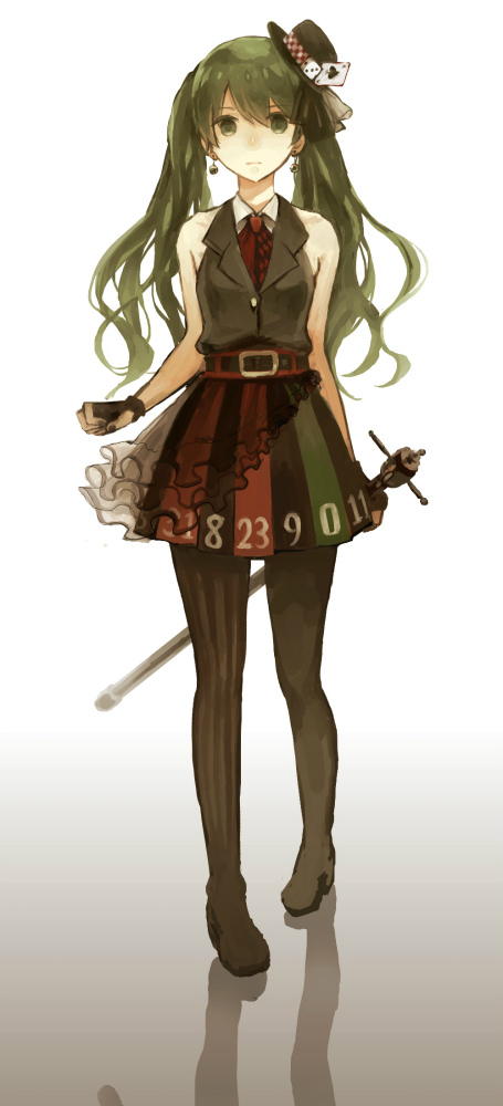 belt, card, crimsonseed, earrings, fingerless_gloves, gloves, green_eyes, green_hair