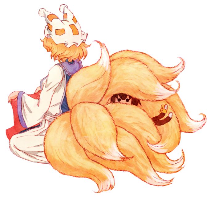 blonde_hair, brown_hair, cat_tail, chen, fox_tail, hat, hiding, multiple_girls, multiple_tails, ribbon, short_hair, simple_background, solid_circle_eyes, tabard, tail, tail_ribbon, terajin, touhou, white_background, yakumo_ran
