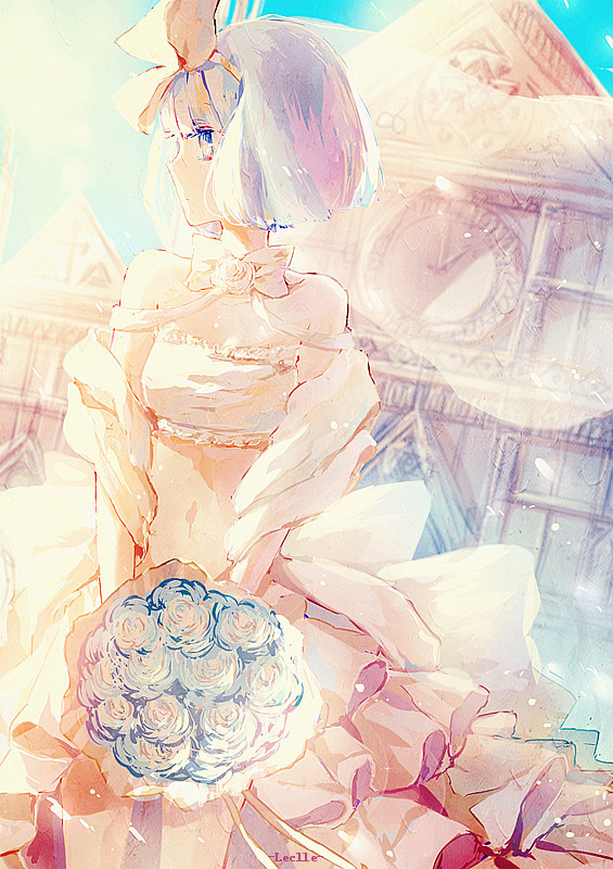 bare_shoulders, blue_eyes, bouquet, dress, flower, konpaku_youmu, leclle, profile