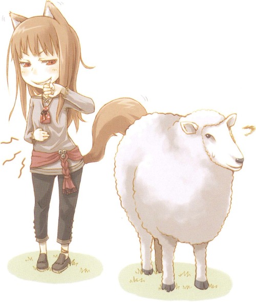 animal, animal_ears, anklet, ayakura_juu, brown_hair, capri_pants, drooling, hand_on_stomach, hand_to_mouth, holo, hunger_pangs, hungry, imageboard_sample, jewelry, no_socks, red_eyes, sheep, shoes, spice_and_wolf, stomach_growling, tail, wolf_ears, wolf_tail