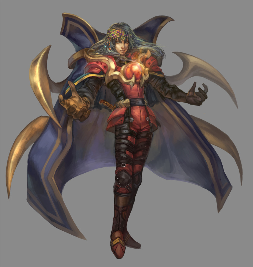 armor, belt, boots, buckle, cape, gloves, grey_eyes, hairband, highres, jewelry, loki_(valkyrie_profile), male, purple_hair, simple_background, smile, smirk, solo, sword_hilt, valkyrie_profile, vusc