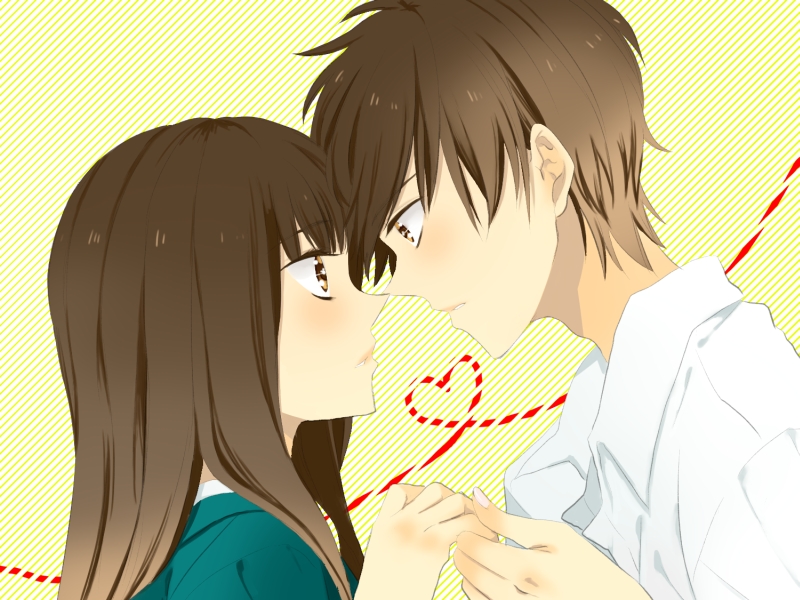 1girl, bad_id, black_hair, couple, eye_contact, kazehaya_shouta, kazura_sakura, kimi_ni_todoke