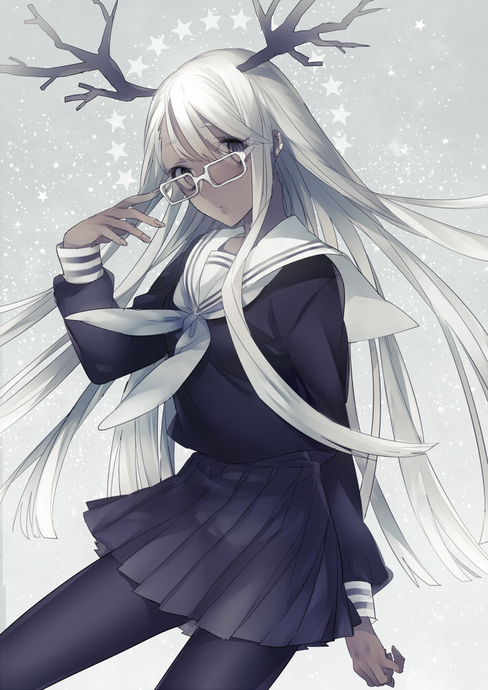 adjusting_glasses, antlers, arisuda, black_legwear, dark_skin, earrings, glasses, grey_background