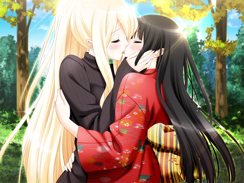 black_hair, blonde_hair, closed_eyes, eyes_closed, game_cg, hand_on_another's_cheek, hand_on_another's_cheek, japanese_clothes, kimono, kirishima_shizuku, kiss, long_hair, multiple_girls, mutual_yuri, peko, shitogi_eris, sono_hanabira_ni_kuchizuke_wo, tree, turtleneck, wide_ponytail, yuri