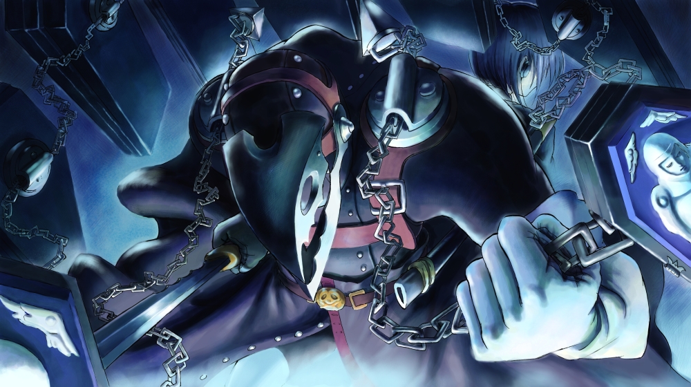 blue, blue_hair, chain, chains, from_behind, gloves, headphones, male, persona, persona_3, ralfu, short_hair, sword, thanatos, weapon