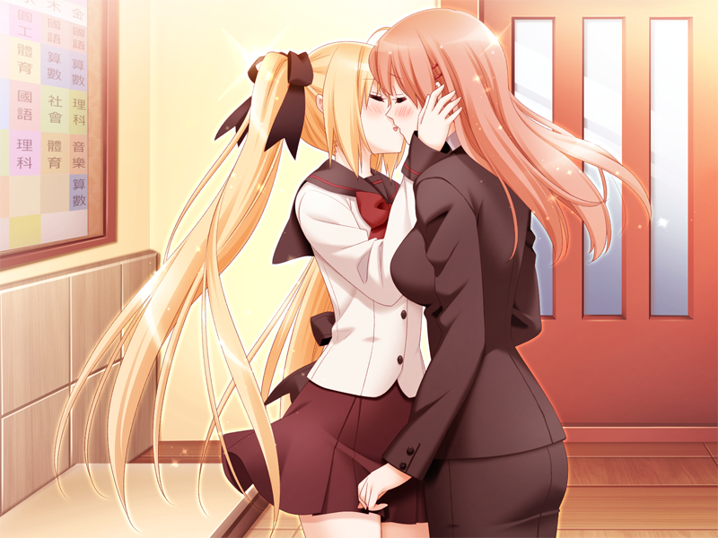 blonde_hair, brown_hair, closed_eyes, eyes_closed, formal, game_cg, hair_ornament, hair_ribbon