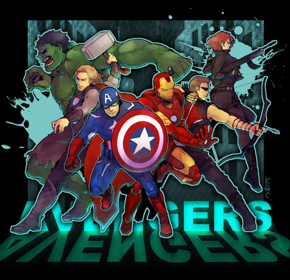 5boys, avengers, beard, black_widow, blonde_hair, bow_(weapon), brown_hair, cape, captain_america, chakoiking, clint_barton, facial_hair, hawkeye_(marvel), hulk, iron_man, marvel, multiple_boys, natasha_romanoff, power_armor, red_hair, redhead, shield, steve_rogers, sunglasses, superhero, thor_(marvel), tony_stark, weapon