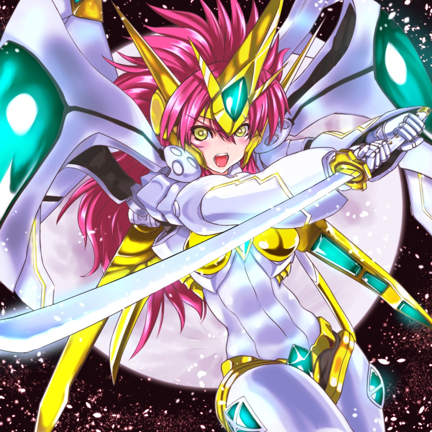 full_moon, highres, katana, long_hair, mecha, moon, open_mouth, pink_hair