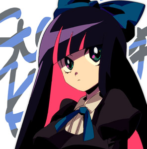 bangs, blunt_bangs, bow, bust, character_name, endou_(hot_handle), hair_bow, long_hair, lowres, multicolored_hair, panty_&amp;_stocking_with_garterbelt, puffy_sleeves, solo, stocking_(psg), two-tone_hair