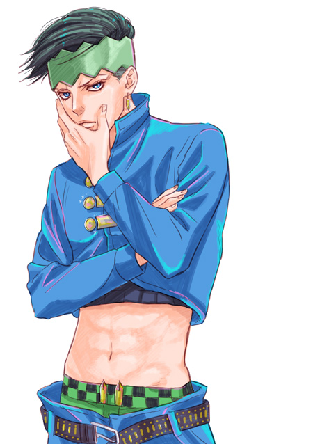 black_hair, blue_eyes, dororosso, headband, jojo_no_kimyou_na_bouken, kishibe_rohan, midriff, solo