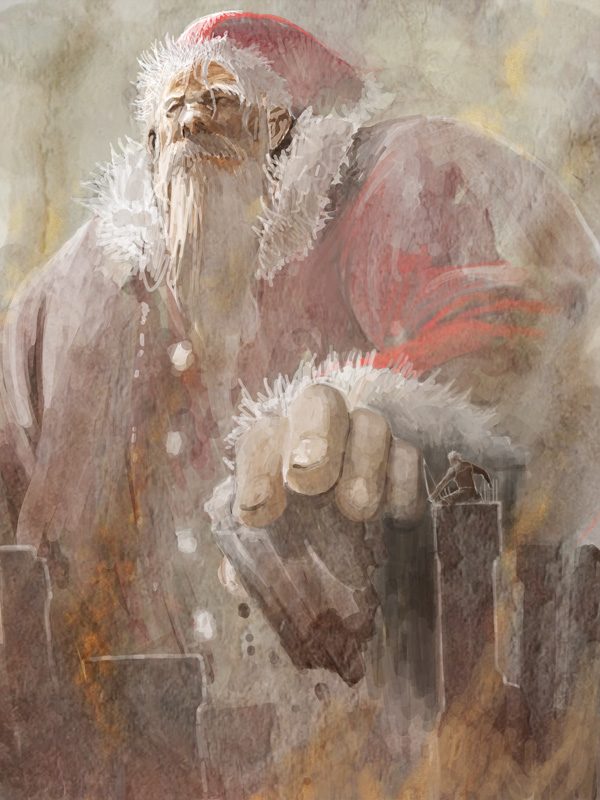 bow_(weapon), destruction, facial_hair, giant, hat, santa_claus, santa_hat, shingeki_no_kyojin, solo, tower, weapon, yashiro50