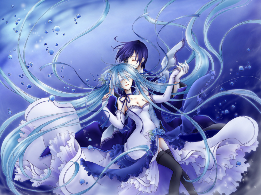blue_hair, breasts, cantarella_(vocaloid), cleavage, covering_eyes, dress, elbow_gloves, flower, fujie, gloves, hair_flower, hair_ornament, hair_ribbon, hatsune_miku, holding_hands, kaito, long_hair, ribbon, rose, thighhighs, twintails, very_long_hair, vocaloid, white_dress, zettai_ryouiki