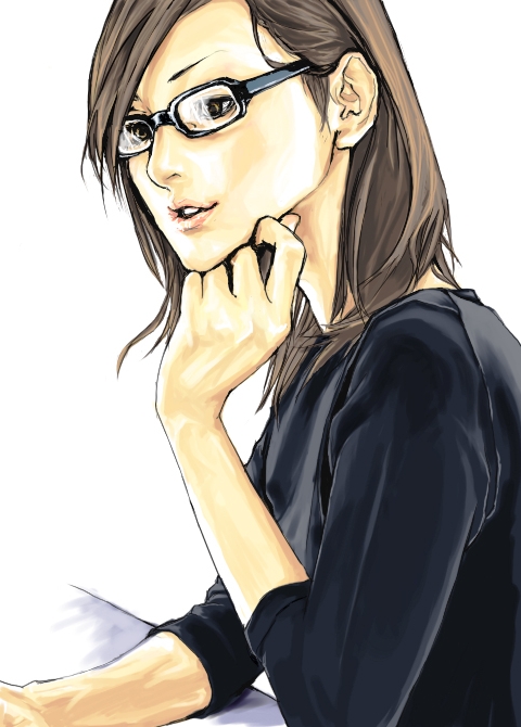 brown_hair, copyright_request, deku_(not_equal), glasses, hand_on_chin, lips, solo