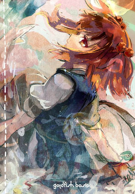back, blush, hair_bobbles, hair_ornament, onozuka_komachi, red_eyes, red_hair, redhead