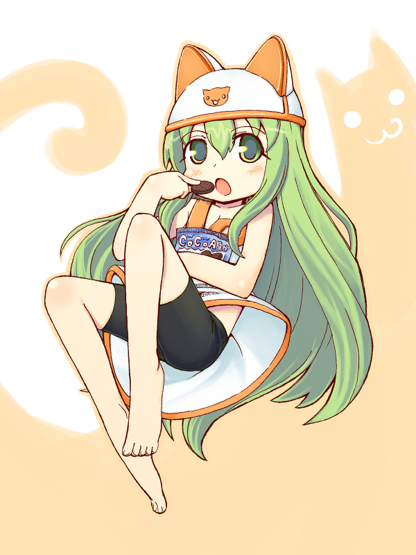 bad_id, barefoot, bike_shorts, blush, child, cookie, dress, eating