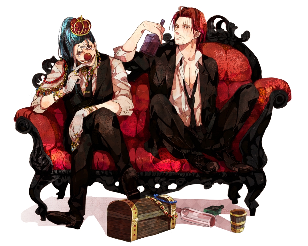 blue_hair, bottle, bracelet, buggy_the_clown, couch, crown, cup, jewelry