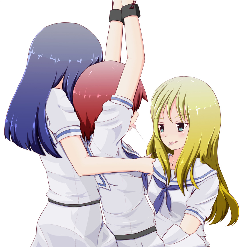 absurdres, arms_up, bdsm, blonde_hair, blue_hair, bondage, bound_wrists, green_eyes