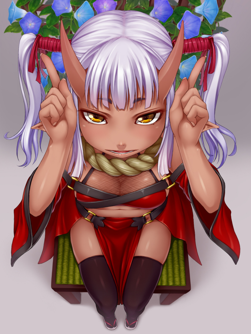brown_eyes, chair, dark_skin, demon_girl, flower, from_above, highres, horns