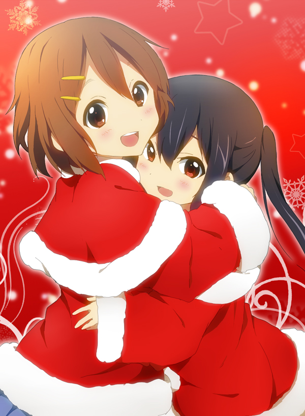 black_hair, blush, brown_eyes, brown_hair, christmas, hatasuke, hirasawa_yui, hug
