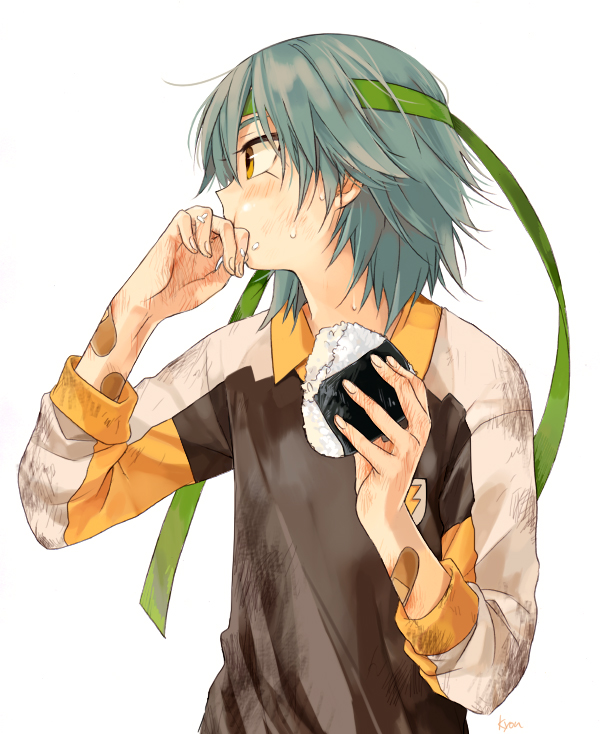 bandaid, blue_hair, food, goalkeeper, inazuma_eleven_(series), inazuma_eleven_go, kariya_masaki, lightning_bolt