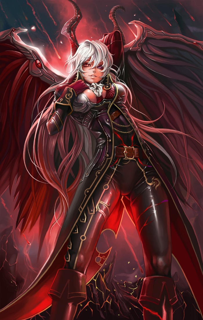 arm_up, belt, boots, breasts, coat, dantewontdie, demon_girl, horns