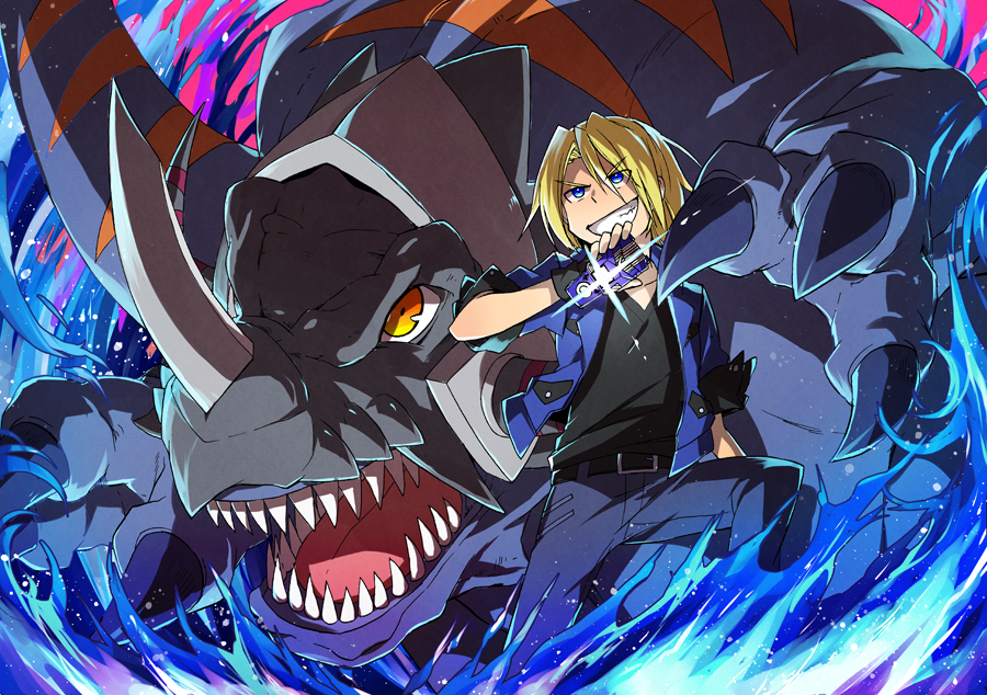 aonuma_kiriha, armor, belt, blonde_hair, buckle, claws, digimon, digimon_xros_wars