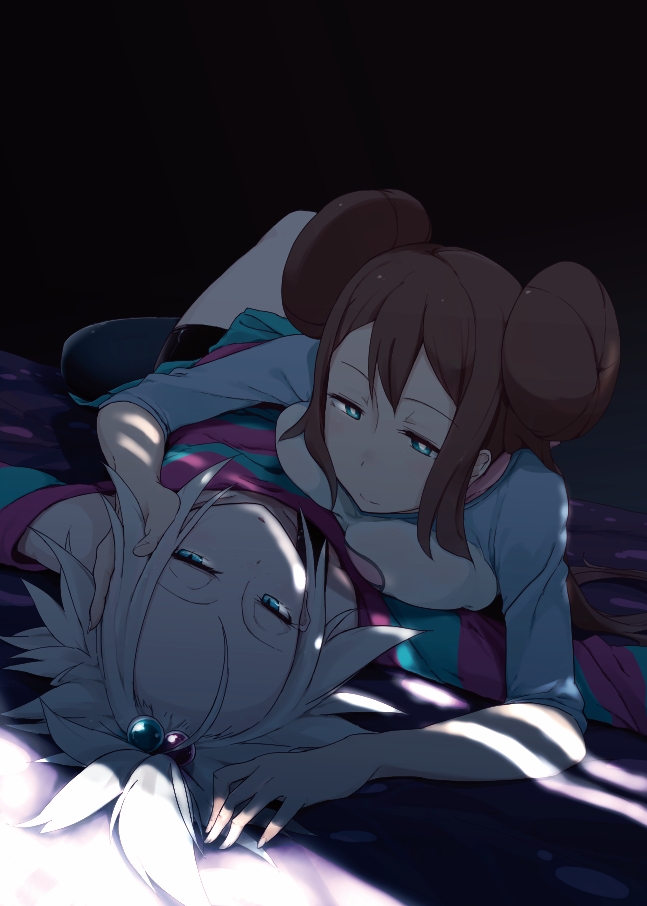 bike_shorts, blue_eyes, breast_press, dark, double_bun, dress, eye_contact, hair_bobbles