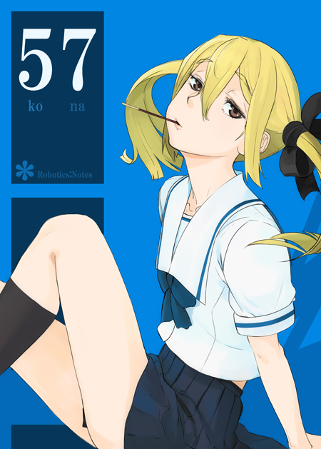 blonde_hair, brown_eyes, koujiro_frau, masato_(pixiv), pocky, robotics;notes, school_uniform, serafuku