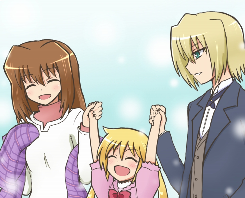 2girls, blonde_hair, brown_hair, butler, closed_eyes, eyes_closed, family, hand_holding, hayate_no_gotoku!, hayek_shin, holding_hands, kurotsubaki_(blue2p), long_hair, multiple_girls, sanzen'in_nagi, sanzen'in_yukariko, sanzen'in_nagi, sanzen'in_yukariko, shawl, short_hair, tuxedo, twintails