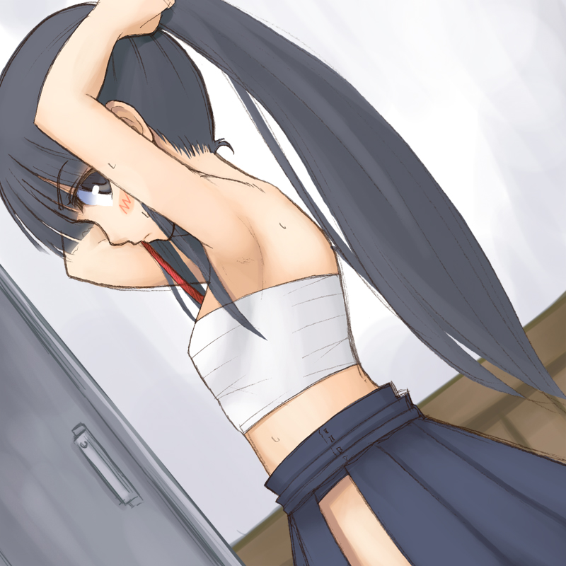 armpits, arms_up, bad_id, black_eyes, black_hair, blush, dutch_angle, hakama, japanese_clothes, jingai_modoki, long_hair, ningai_modoki, original, ponytail, profile, sarashi, solo, sweat