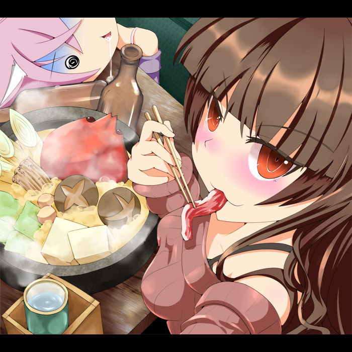 animal_ears, bare_shoulders, blush, bottle, bra_strap, brown_hair, chopsticks, cra4, food, letterboxed, meat, multiple_girls, mushroom, off_shoulder, original, pink_hair, pot, red_eyes, saliva, steam, steamletterboxed, sweater, water
