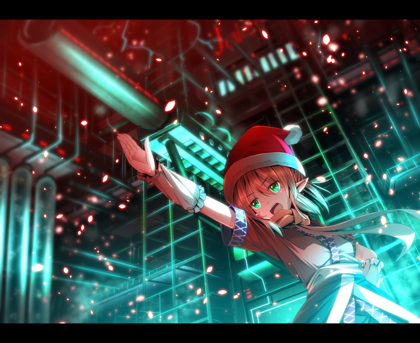 >:d, :d, arm_warmers, armored_core, blonde_hair, cannon, green_eyes, hat, kojima_cannon, letterboxed, mizuhashi_parsee, open_mouth, outstretched_arm, platform, pointy_ears, ryosios, santa_hat, sash, scarf, short_hair, smile, solo, sparks, touhou