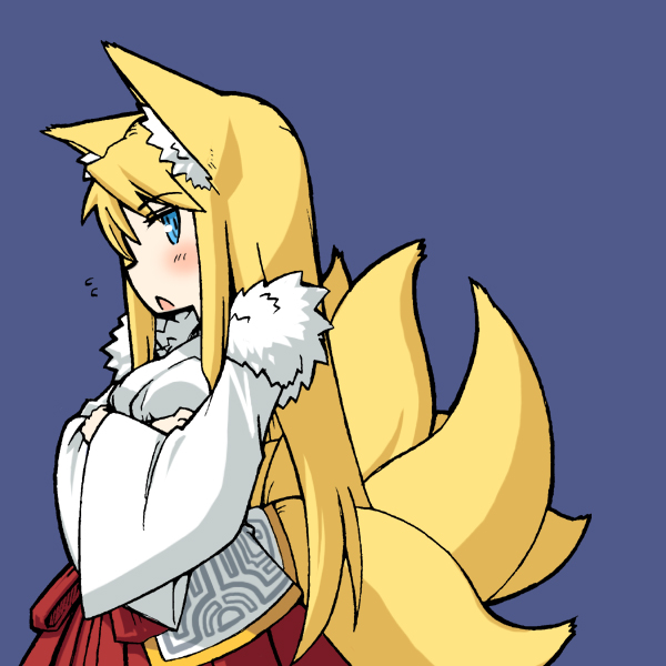 bad_id, blonde_hair, blue_eyes, blush, crossed_arms, fox_ears, japanese_clothes, jingai_modoki