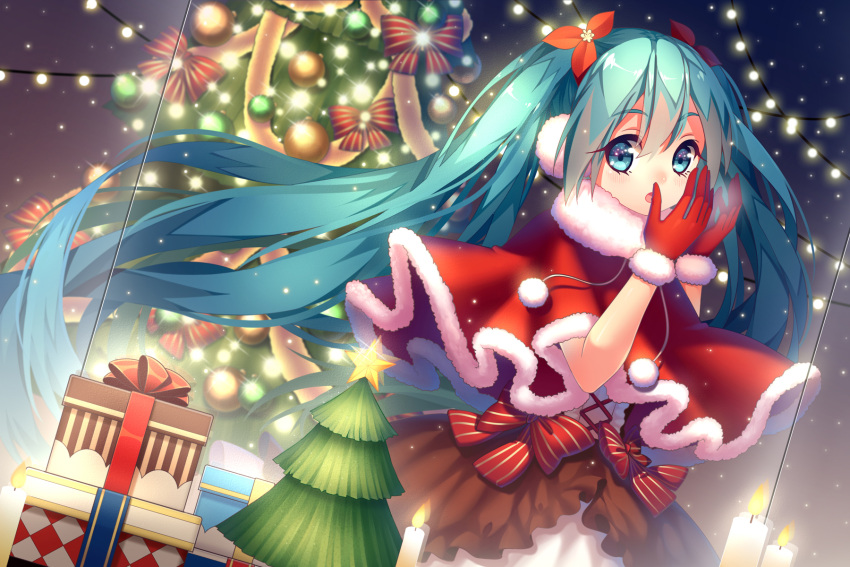 aqua_eyes, aqua_hair, bow, christmas, christmas_tree, dress, dutch_angle, earmuffs, ego, gift, gloves, hatsune_miku, highres, long_hair, night, solo, sougishi_ego, stars, twintails, very_long_hair, vocaloid