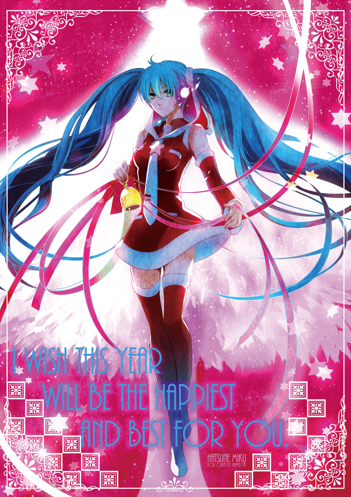 aqua_hair, bell, boots, character_name, christmas, detached_sleeves, english, floating_hair