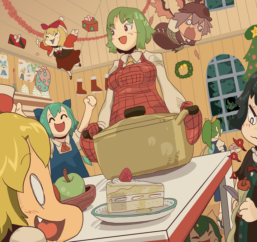 apron, bdsm, bondage, cake, cirno, daiyousei, fang, food, fruit, hakurei_reimu, houjuu_nue, kazami_yuuka, kokoyashi, medicine_melancholy, mystia_lorelei, oven_mitts, pot, rumia, smile, touhou, wriggle_nightbug