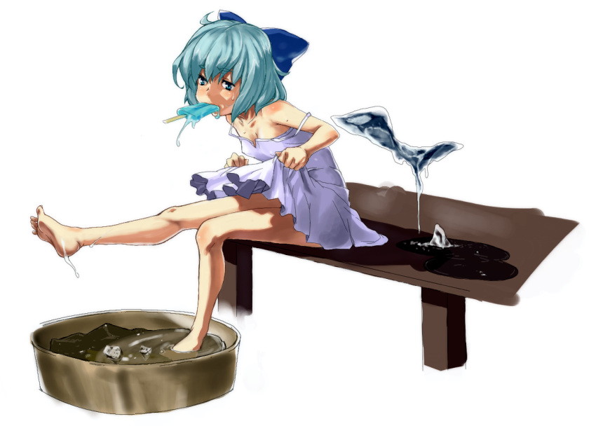 alternate_costume, aqua_eyes, aqua_hair, bare_legs, bare_shoulders, barefoot, bow, bucket
