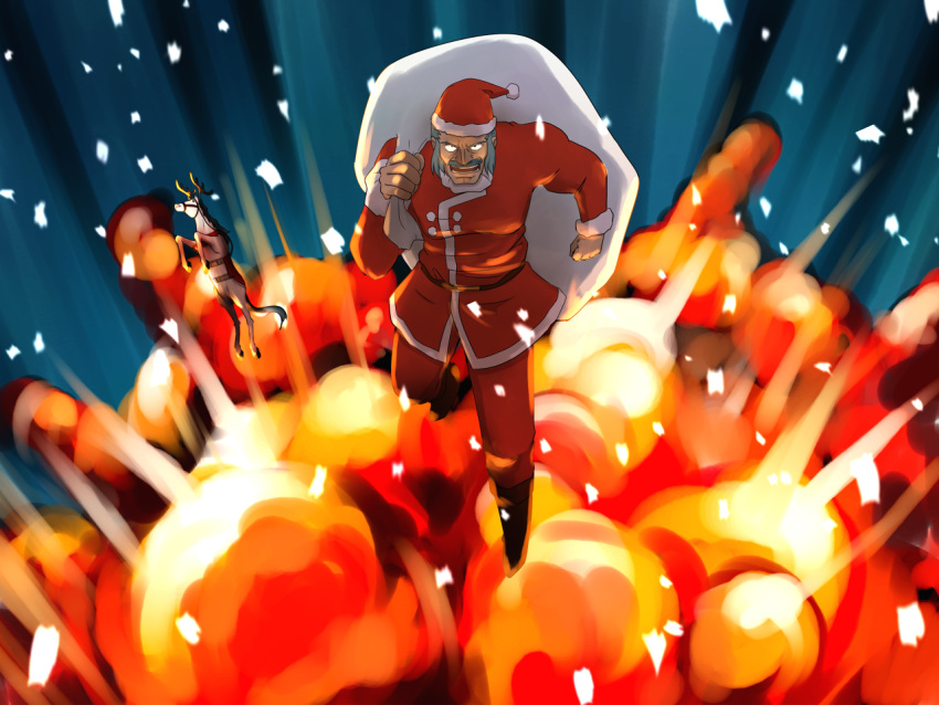 belt, boots, christmas, explosion, facial_hair, fuunsaiki, g_gundam, gundam