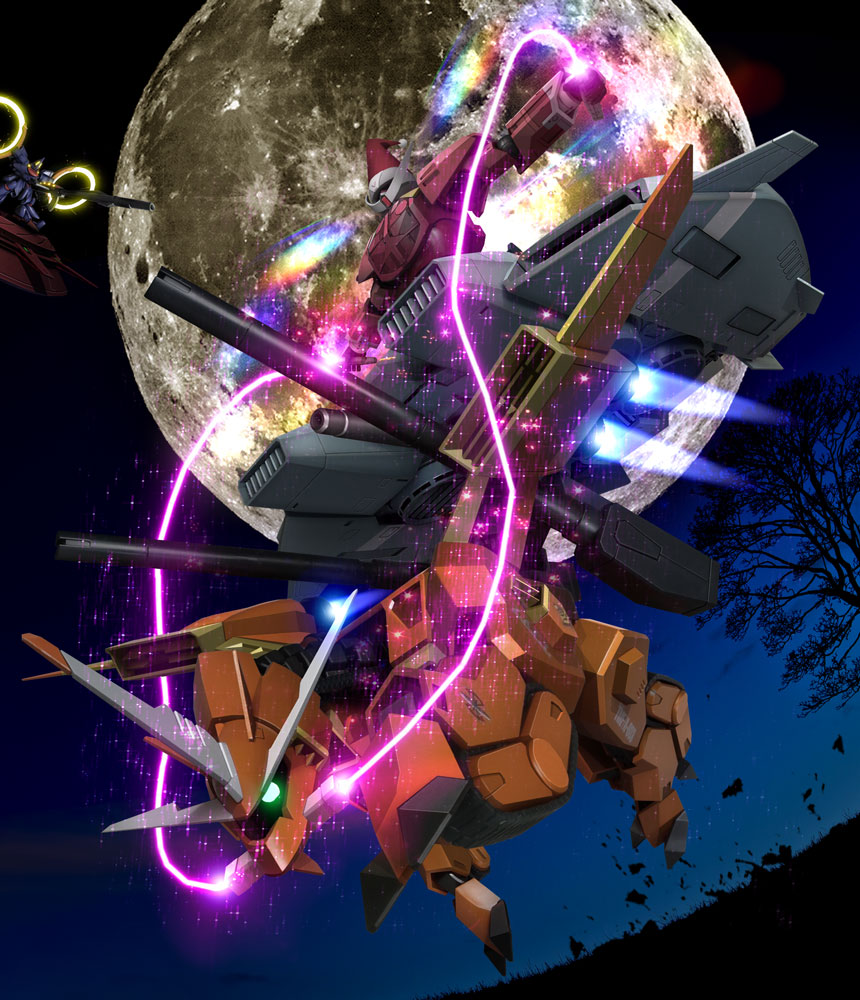 base_jabber, beam_rifle, christmas, flying, full_moon, glowing, gun, gundam, gundam_seed, hat, hiropon_(tasogare_no_puu), lagowe, mecha, moon, night, no_humans, santa_hat, sparkle, tree, turn_a_gundam, turn_a_gundam_(mobile_suit), victory_gundam, weapon, zanneck