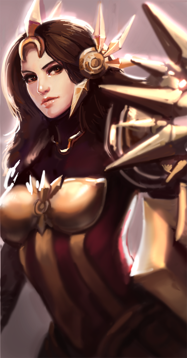 breastplate, brown_eyes, brown_hair, league_of_legends, leona_(league_of_legends), lips, long_hair, shield, solo, yy6242
