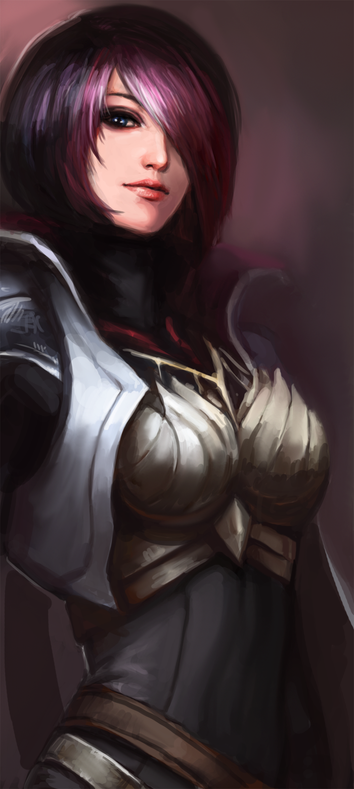 armor, black_hair, blue_eyes, bodysuit, breastplate, breasts, fiora_laurent, hair_over_one_eye, highres, league_of_legends, lips, multicolored_hair, pink_hair, short_hair, smile, solo, yy6242